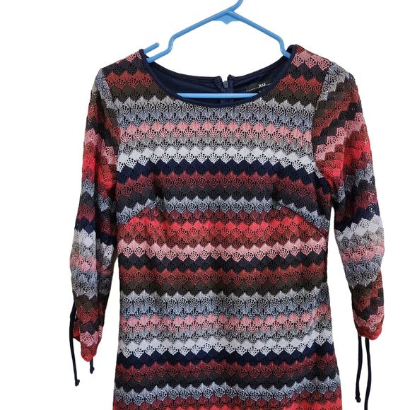 R&K Navy Multicolor Lace Striped U-Neck 3/4 Tie Sleeves A-Line Dress Mini Size 6 - Picture 3 of 9